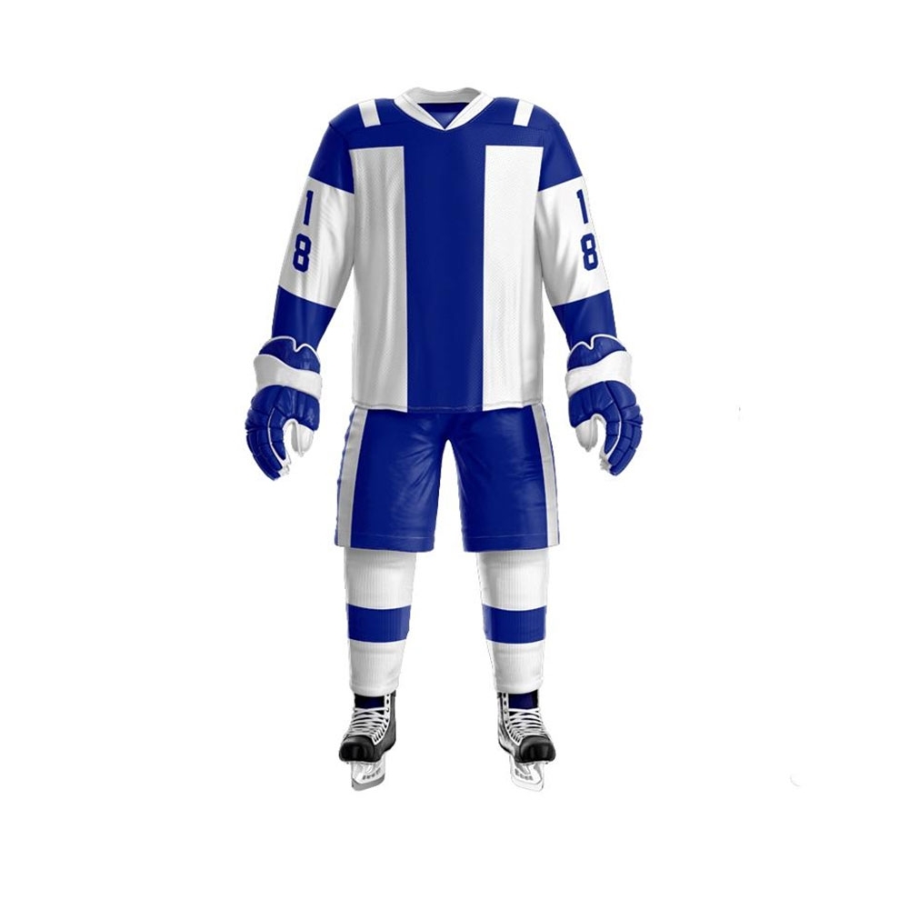 A blue and white ice hockey uniform with the number 18.