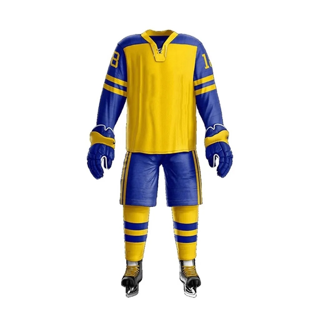 A yellow and blue ice hockey uniform with the number 18.