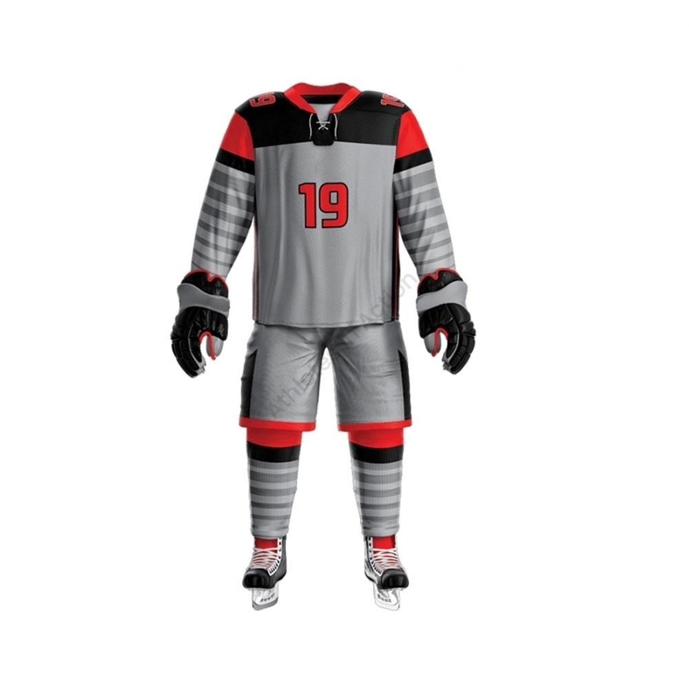 A grey, black, and red ice hockey uniform with the number 19.