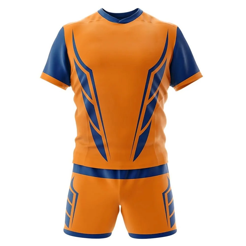 Orange blue rugby uniform, short sleeve jersey and shorts.