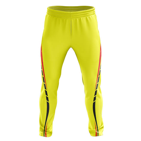 Triumph Men's/Boy's Polyester Dri Sublimated Cricket Pants in a bright yellow color with red and black design elements along the sides.