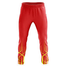 Triumph half sleeve sublimation cricket trousers in red with yellow and black design elements along the sides.
