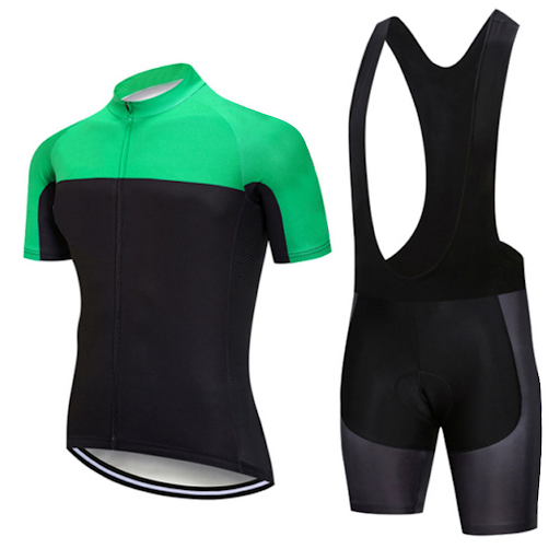 Green and black cycling jersey with a zipper, paired with black bib shorts featuring gray panels.