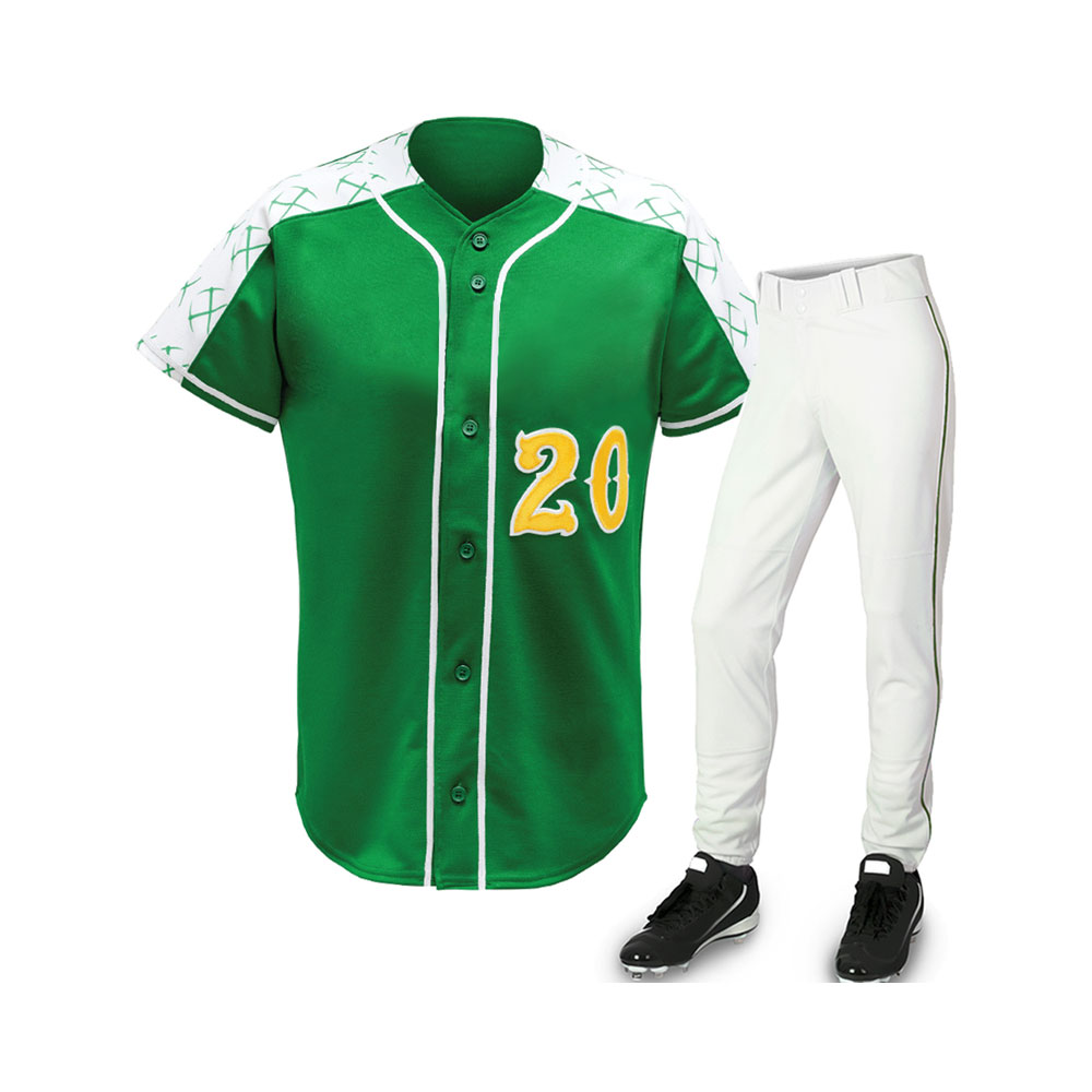 A green short-sleeved baseball jersey with white shoulders featuring a criss-cross design, white trim, and the number 20 in gold on the front. It's shown with white baseball pants that have a green stripe down the side.
