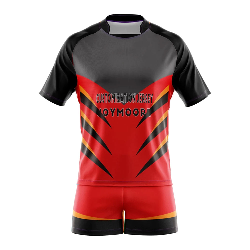 A custom rugby jersey and shorts with black, red, and orange design elements.