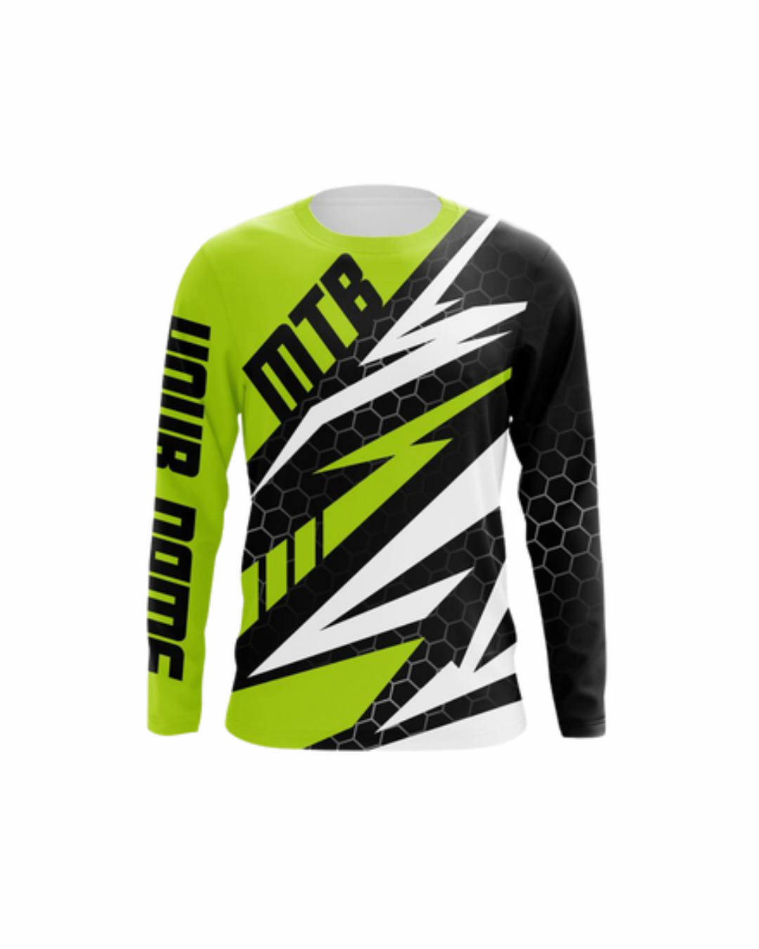 A neon green and black MTB jersey with custom text.