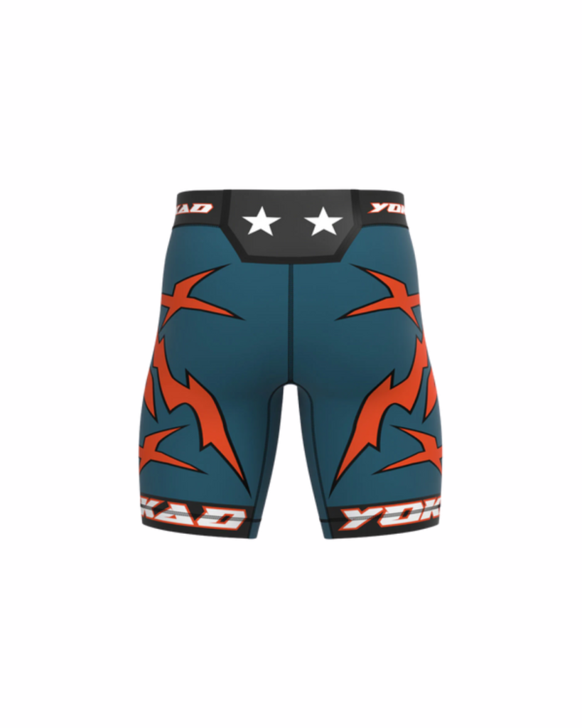 Blue and orange MMA Compression Shorts.