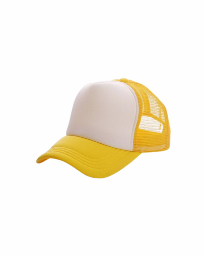 A yellow and white trucker hat.