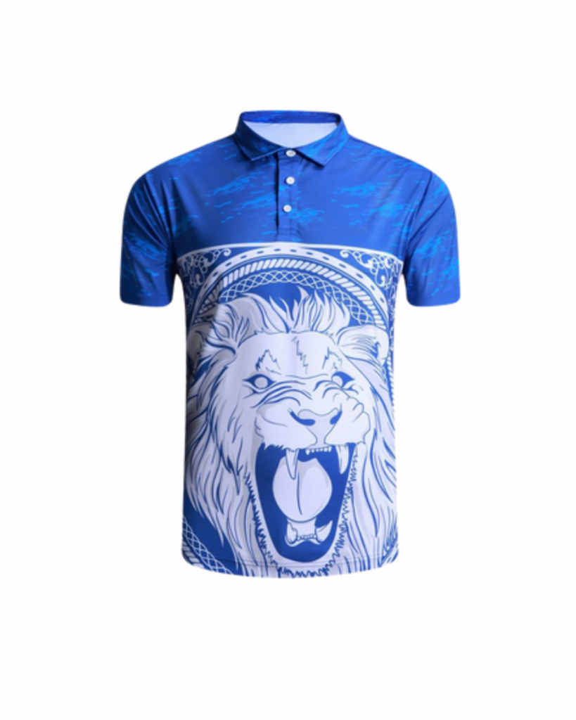 A blue sublimation polo shirt with a lion graphic.