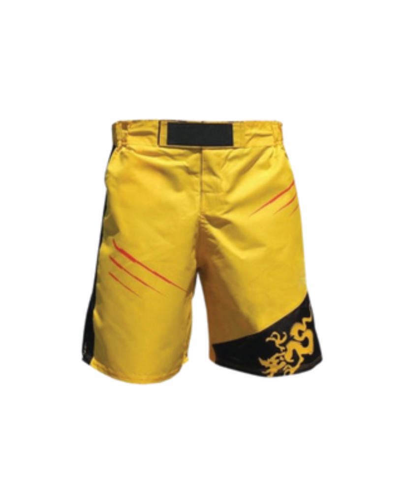 Yellow AV Dragon MMA Shorts with a black dragon design.