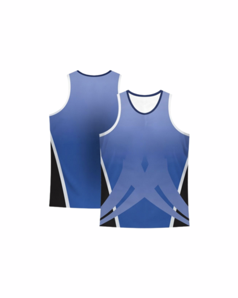 A blue, black, and white sublimation tank top.