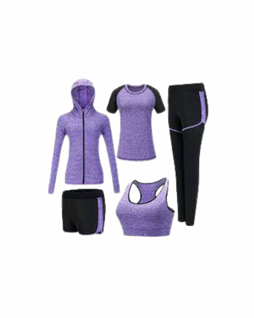 A purple and black athletic set with a hoodie, t-shirt, shorts, tank top, and leggings.
