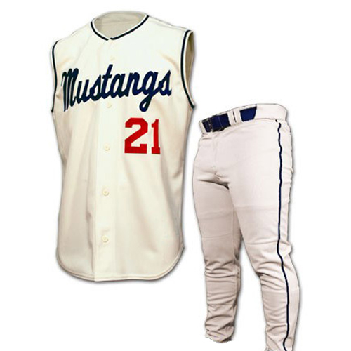 A white baseball jersey with black trim, the word 'Mustangs' in script, and the number 21 in red. Paired with white baseball pants.