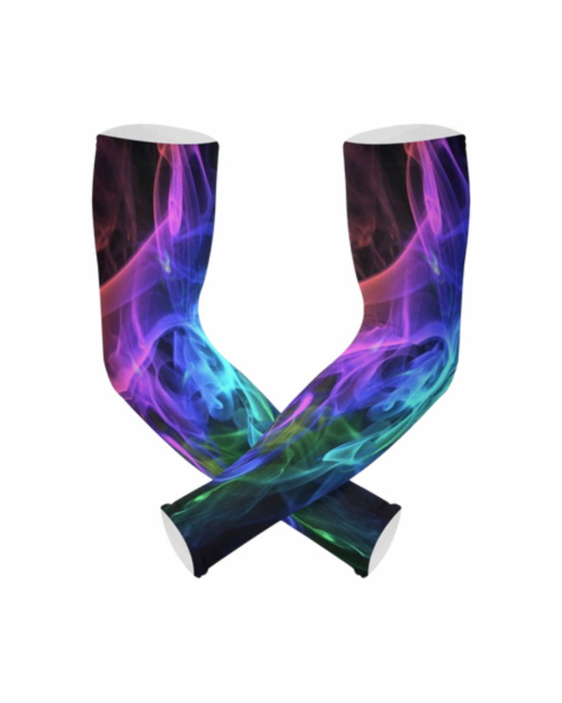 A pair of arm sleeves with a vibrant, swirling smoke pattern in shades of blue, green, pink, and purple.