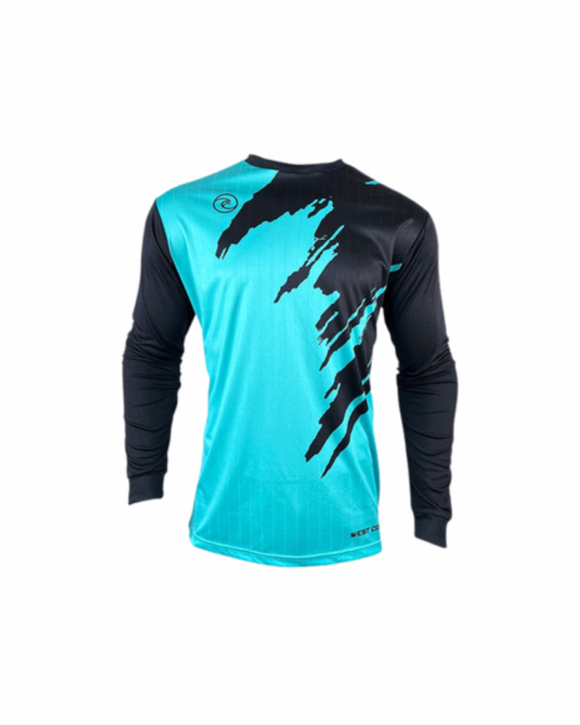 A teal and black long-sleeved jersey with a bold black graphic design.