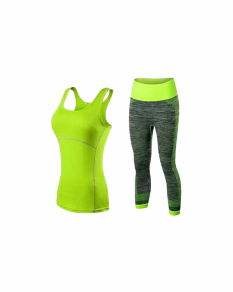 A women's fitness apparel set in green and grey.