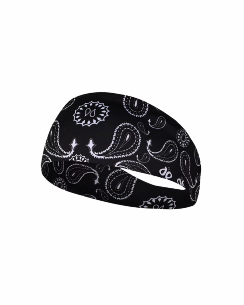A black bandana headband with a white paisley pattern.