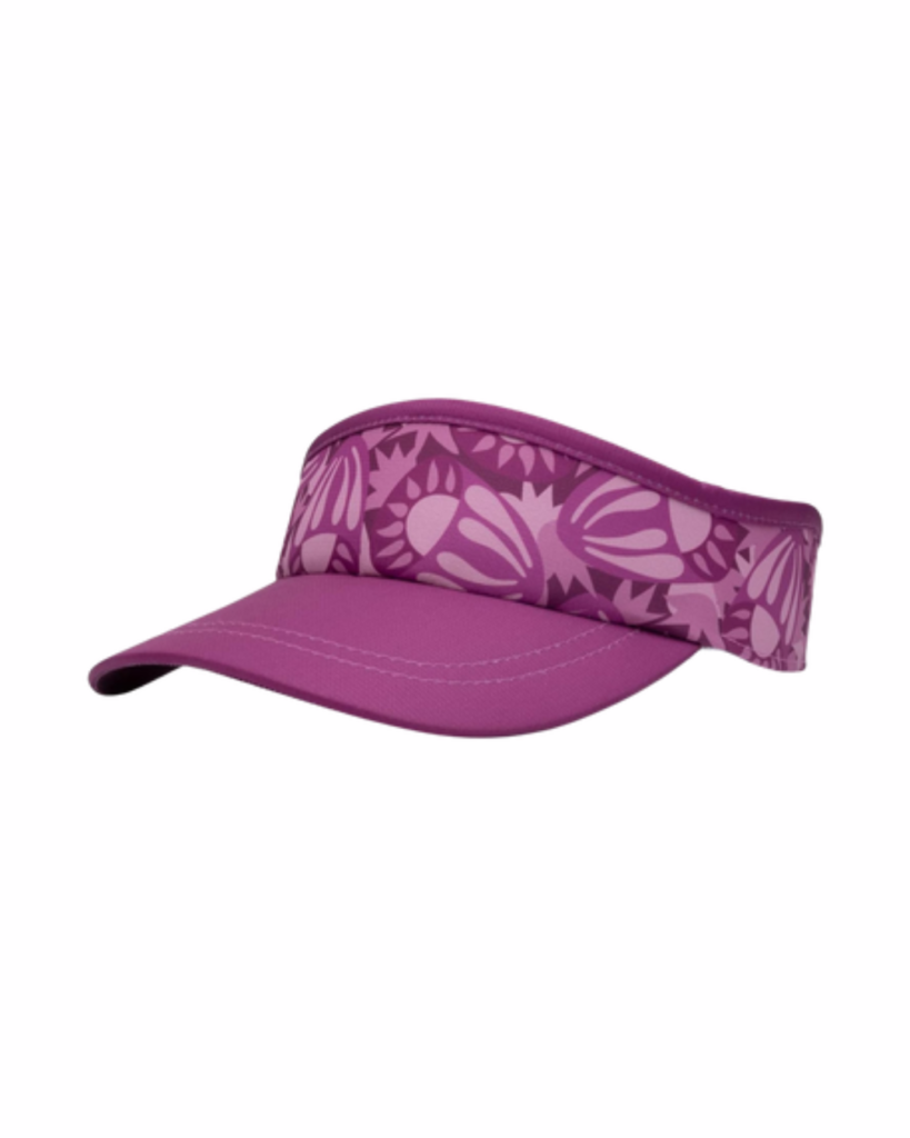 A purple floral print visor.