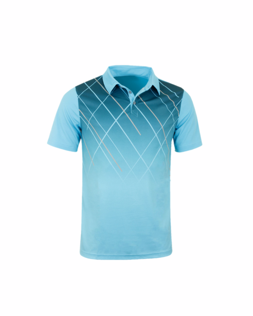 A light blue sublimation polo shirt with a geometric pattern.