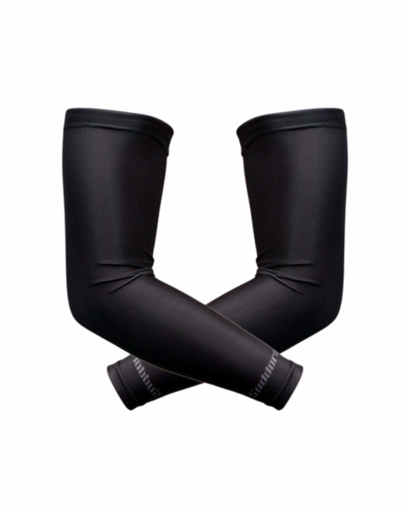 A pair of black sports arm sleeves, crossed over each other, showing the logo near the wrist.