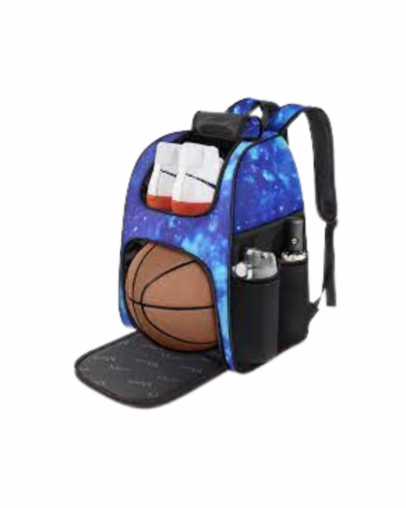 A blue and black basketball backpack with a galaxy print, holding a basketball and shoes, and featuring water bottle pockets. This might be a Matein Basketball Backpack.