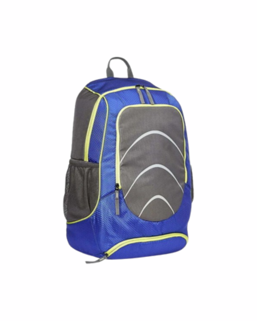 A blue and grey backpack with yellow accents, multiple zippered compartments, and mesh side pockets. It resembles the Everest Luggage Sporty Backpack.