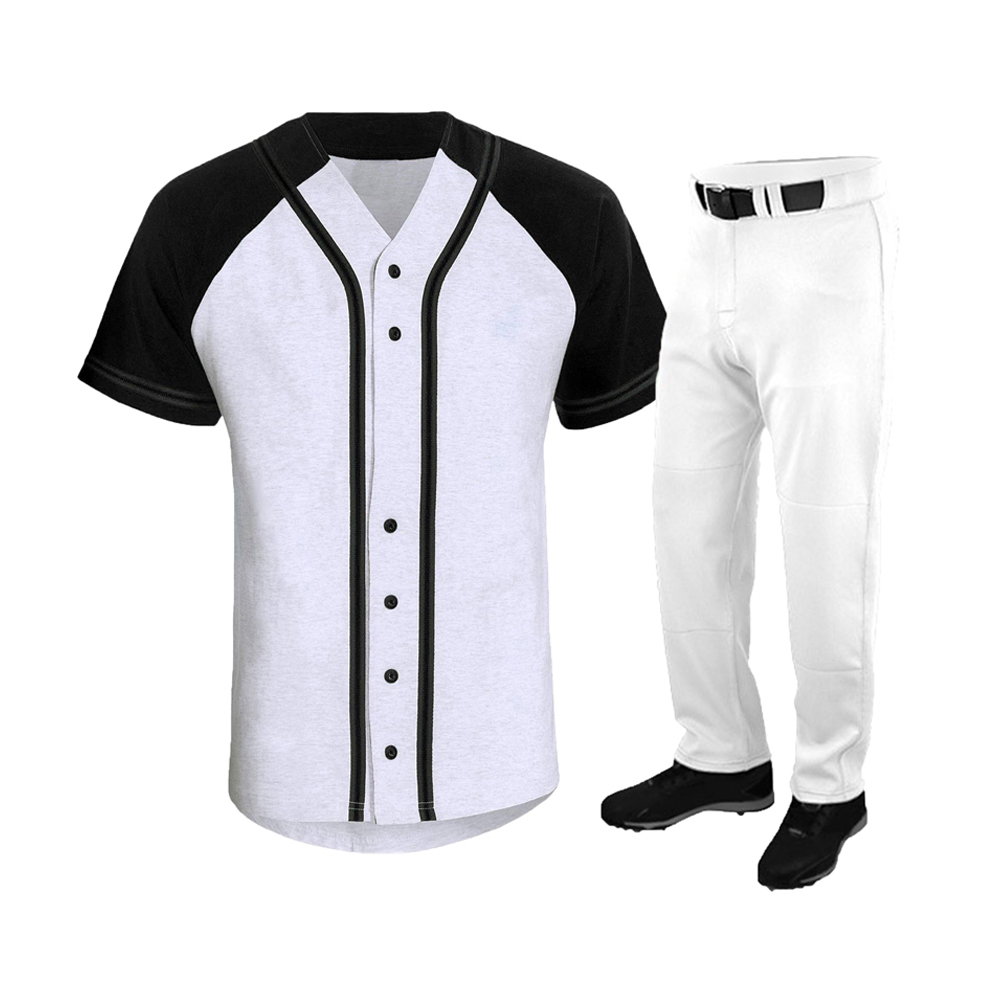 A white baseball jersey with black raglan sleeves and black piping down the button-up front. It's paired with white baseball pants and black cleats.