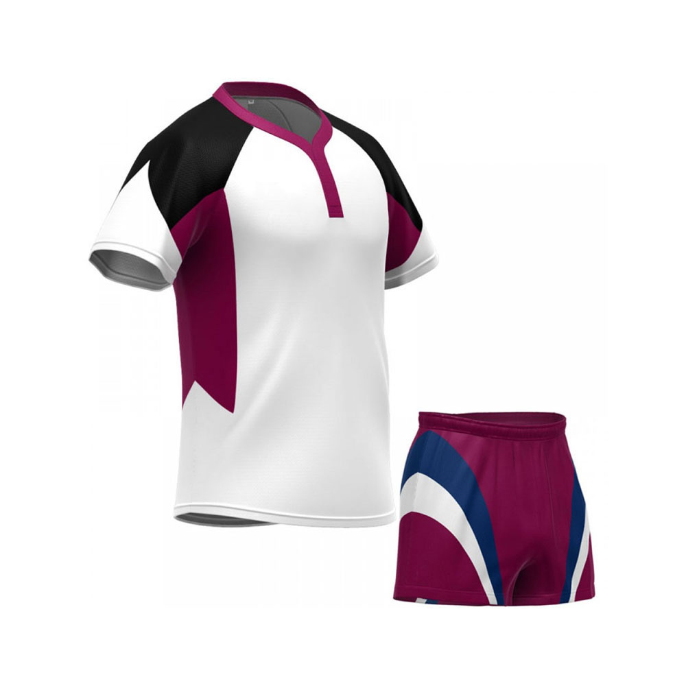 A rugby jersey and shorts in white, maroon, and blue.
